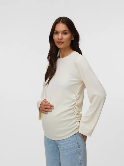 For The Creators Long Sleeve Ruched Cream Maternity Top