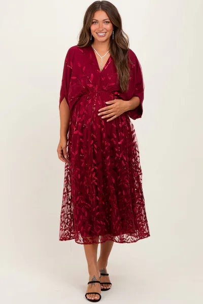 PinkBlush Burgundy Embroidered Tulle Dolman V-Neck Maternity Midi Dress