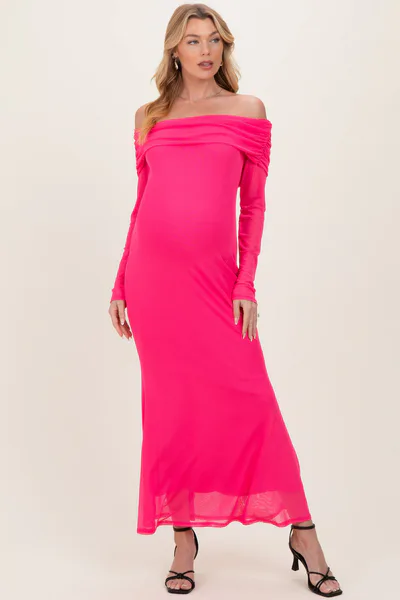 PinkBlush Fuchsia Mesh Overlay Off Shoulder Long Sleeve Maternity Midi Dress
