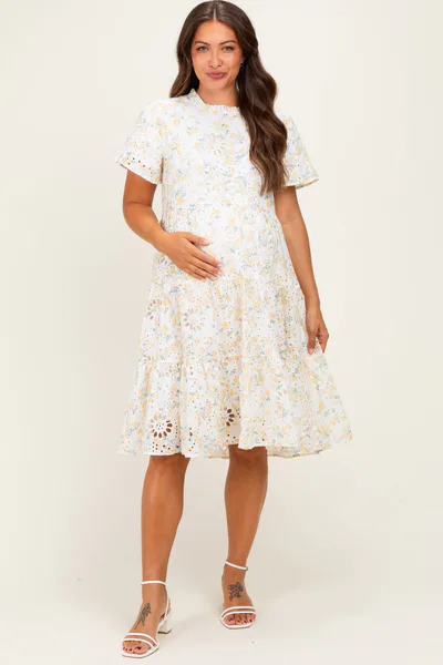 PinkBlush Ivory Floral Eyelet Lace Maternity Midi Dress