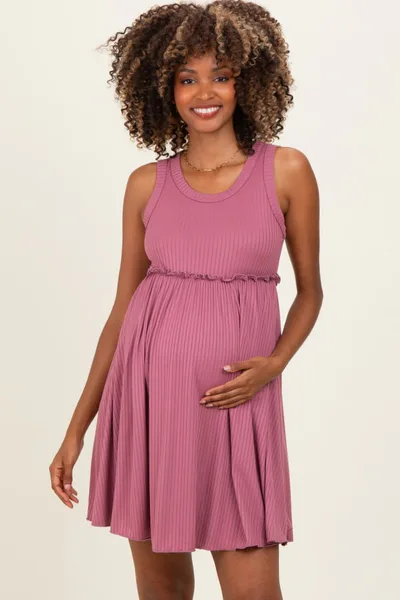 PinkBlush Mauve Ribbed Sleeveless Lettuce Trim Maternity Mini Dress