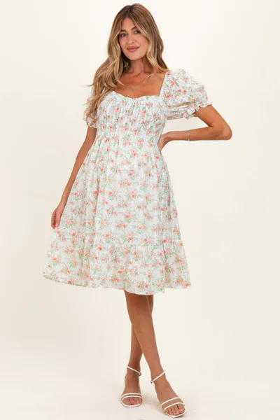 PinkBlush Off White Floral Sweetheart Neck Smocked Maternity Midi Dress