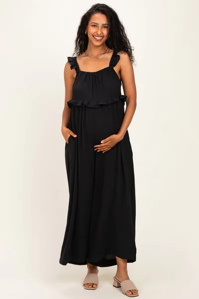 PinkBlush Black Ruffle Strap Maternity Wide Leg Jumpsuit