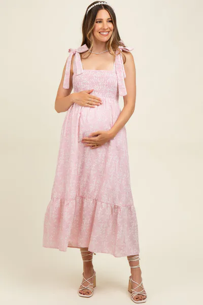 PinkBlush Pink Floral Smocked Shoulder Tie Maternity Midi Dress