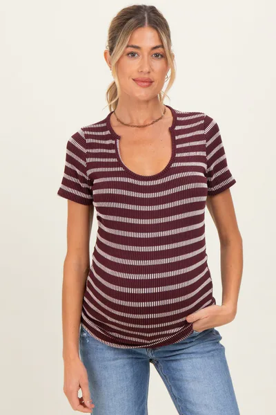 PinkBlush Burgundy Stripe Short Sleeve Round Neck Maternity Top