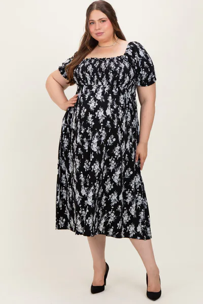 PinkBlush Black Floral Smocked Sweetheart Neckline Maternity Plus Midi Dress