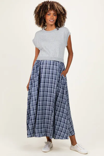 PinkBlush Heather Grey/ Navy Plaid Cap Sleeve Maternity Midi Dress
