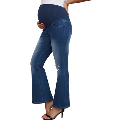 Target INSPIRE CHIC Women's Maternity Jeans Bootcut Leg Ripped High Stretchy Over the Belly Pregnant Flare Denim Pants Casual Medium Deep Blue