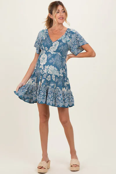 PinkBlush Green Short Sleeve Floral Smocked Bodice Maternity Dress