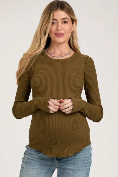 PinkBlush Olive Ribbed Maternity Long Sleeve Top