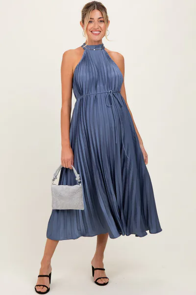 PinkBlush Navy Blue Pleated Maternity Halter Dress