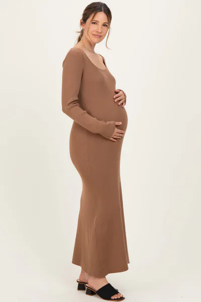 PinkBlush Mocha Rib Knit Back Cutout Maternity Midi Dress