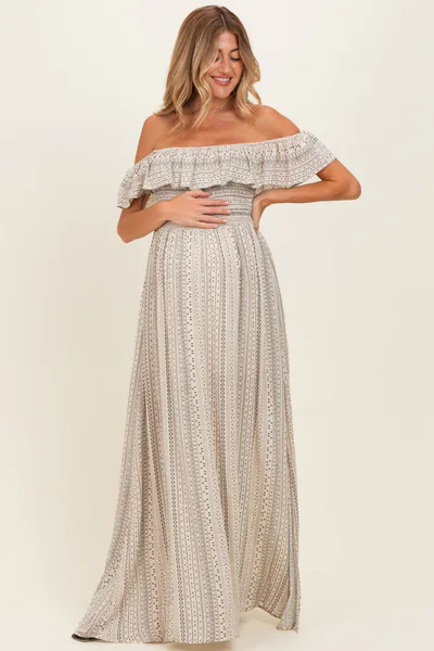 PinkBlush Beige Ruffle Off Shoulder Maternity Maxi Dress