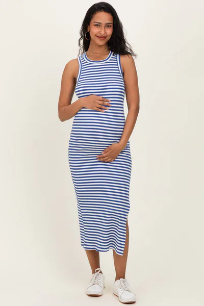 PinkBlush Blue Striped Side Slit Maternity Tank Dress