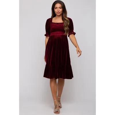 Target Pinkblush Burgundy Velvet Smocked Puff Sleeve Maternity Dress Medium