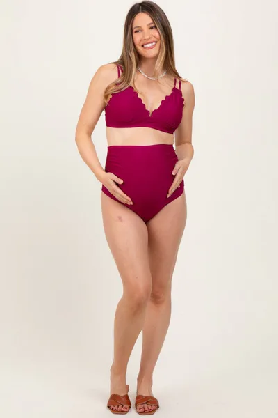 PinkBlush Magenta Scalloped V-Neck High Waist Two-Piece Maternity Swimsuit