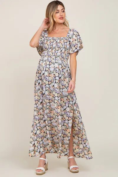 PinkBlush Black Floral Smocked Maternity Maxi Dress