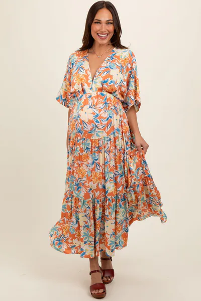 PinkBlush Peach Floral Dolman Sleeve Tiered Maternity Dress