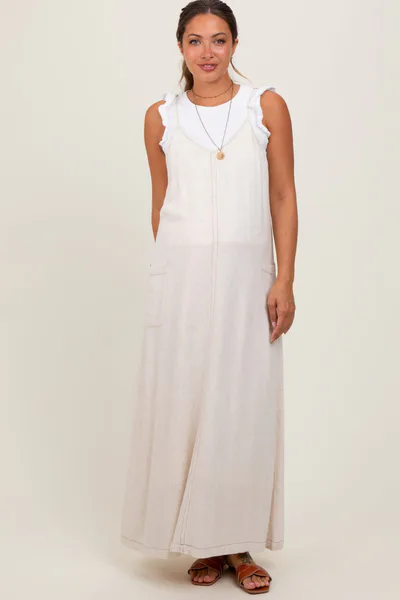 PinkBlush Cream Linen Mixed Overall Maternity Midi Dress