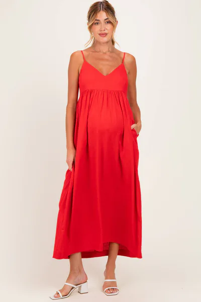 PinkBlush Red Linen Blend Sleeveless Maternity Maxi Dress