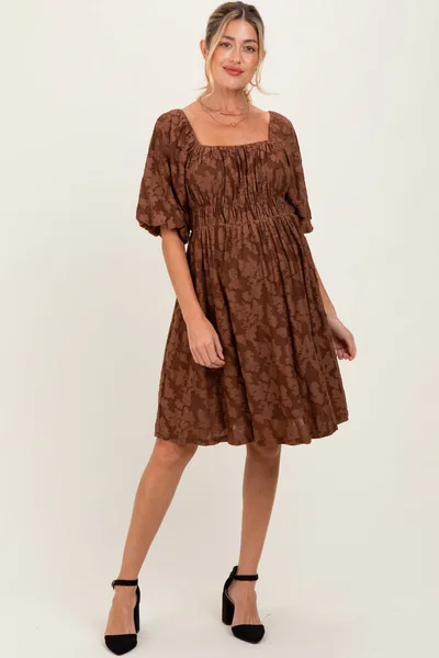 PinkBlush Brown Floral Square Neck Maternity Dress