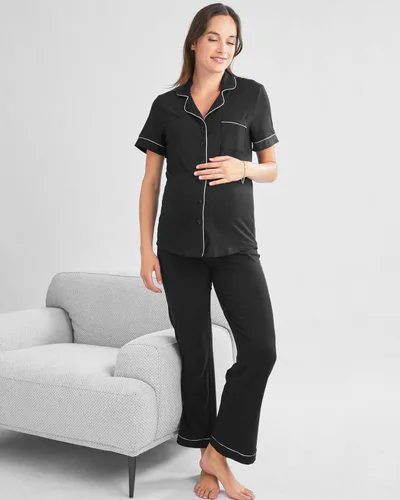 Angel Maternity Button Front Short Sleeve Black Maternity & Nursing Pajama Set