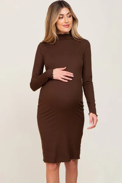PinkBlush Brown Ribbed Mock Neck Lettuce Trim Maternity Midi Dress