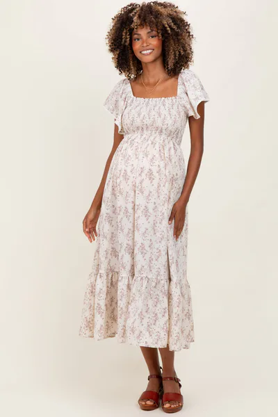 PinkBlush Cream Floral Smocked Lace Trim Flutter Sleeve Maternity Midi Dress