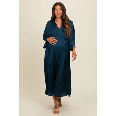 Target Pinkblush Teal Satin Pleated V-Neck Maternity Maxi Dress Medium