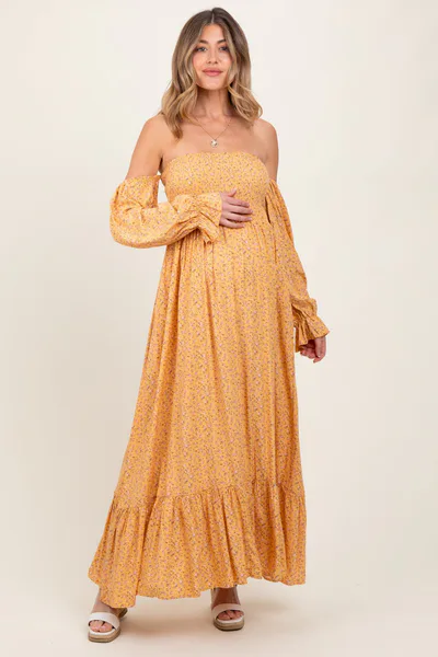 PinkBlush Yellow Floral Smocked Off Shoulder Maternity Maxi Dress