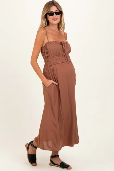 PinkBlush Brown Solid Smocked Maternity Maxi Dress
