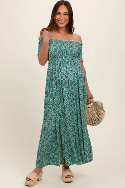 PinkBlush Green Floral Smocked Fitted Sleeve Side Slit Maternity Maxi Dress