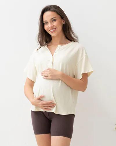 Angel Maternity Zara Ribbed Short Sleeve Maternity Top In Almond