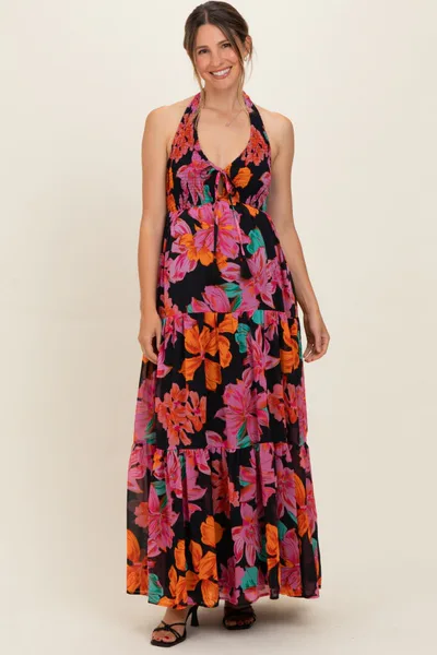 PinkBlush Black Floral Deep V-Neck Smocked Maternity Midi Dress