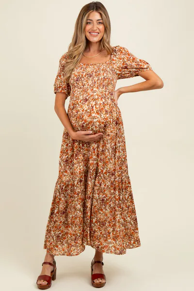 PinkBlush Rust Floral Smocked Tiered Maternity Midi Dress