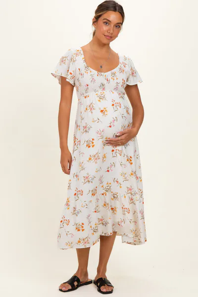 PinkBlush Ivory Floral Flutter Sleeve Smocked Maternity Midi Dress