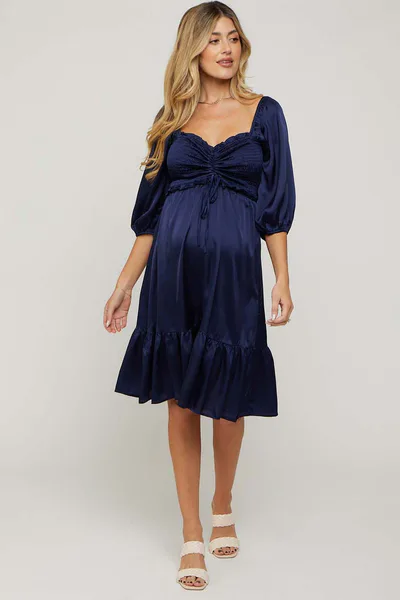 PinkBlush Navy Satin Smocked Ruffle Hem Maternity Dress