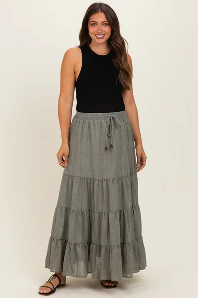 PinkBlush Olive Tiered Drawstring Maternity Maxi Skirt
