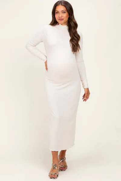 PinkBlush Cream Ruffle Mock Neck Long Sleeve Maternity Midi Dress