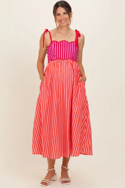 PinkBlush Red Striped Colorblock Scallop Detail Maternity Midi Dress
