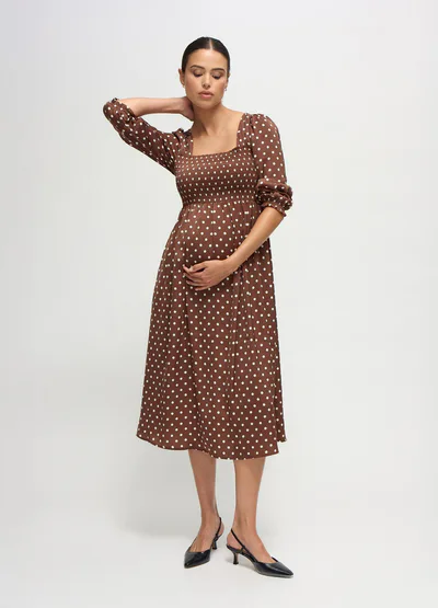 Ingrid & Isabel Smocked Sateen Maternity and Nursing Midi Dress