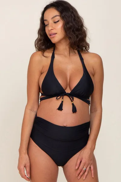 PinkBlush Black Tie Front Side Strap Maternity Bikini Set