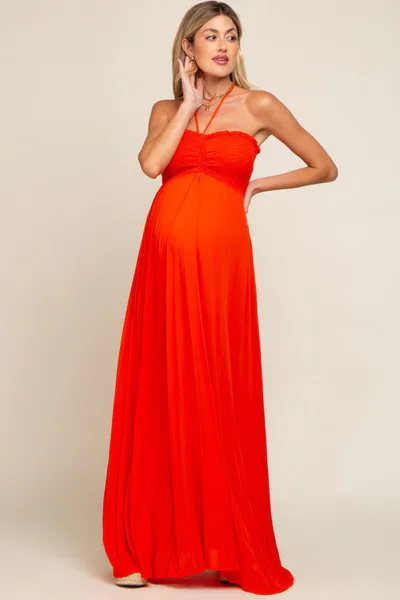 PinkBlush Orange Smocked Halter Maternity Maxi Dress