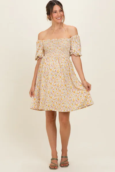 PinkBlush Yellow Multi Ditsy Floral Ruffle Bubble Sleeve Smocked Maternity Dress