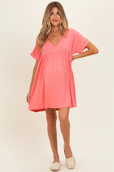 PinkBlush Coral V-Neck Basic Maternity Dress