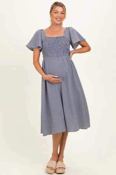 PinkBlush Navy Gingham Smocked Maternity Midi Dress