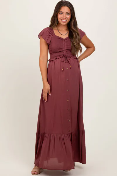 PinkBlush Burgundy Smocked Top Woven Maternity Maxi Dress