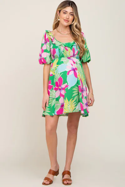 PinkBlush Green Floral Smocked Puff Sleeve Maternity Dress