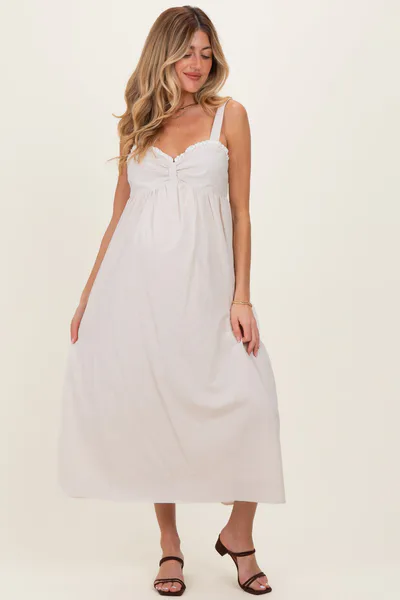 PinkBlush Taupe Ruffle Trim Sweetheart Neckline Maternity Midi Dress