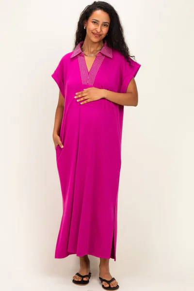 PinkBlush Magenta Striped Collared Side Slit Maternity Midi Dress